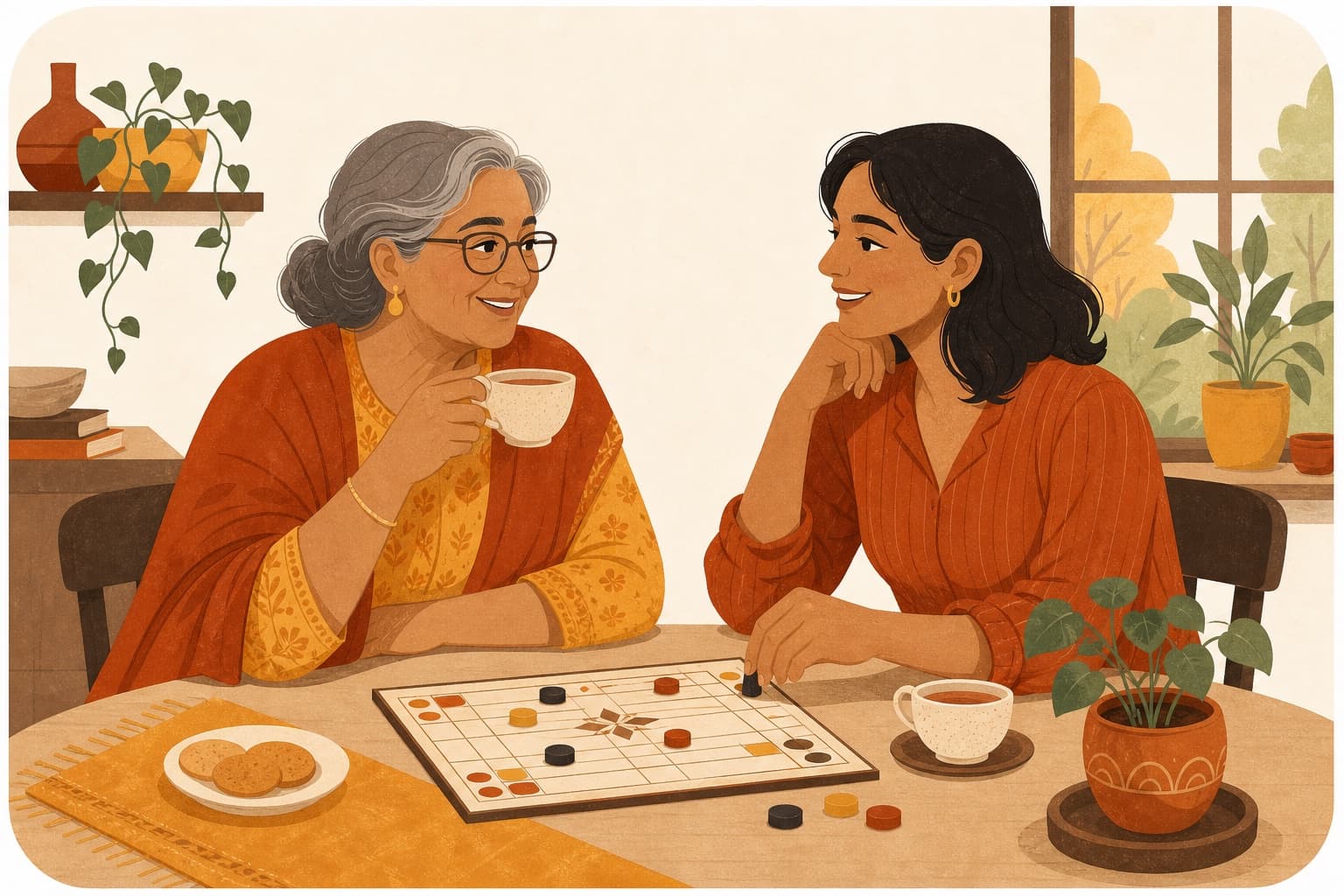 An older woman and a companion sharing tea and a board game at home.